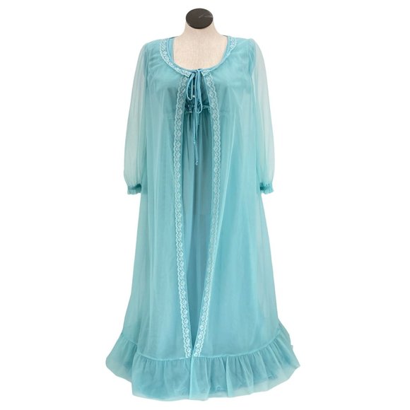 1970's Baby Blue Lingerie Nightie Dress & Robe Set Dreamy Feminine Medium